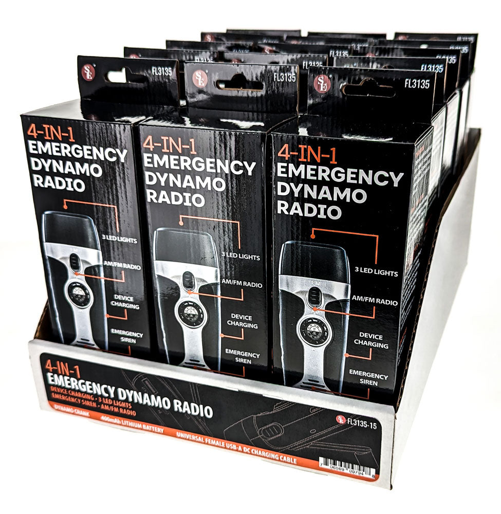 15-piece display of 5.5" 4-IN-1 Emergency Dynamo AM/FM Radios with Phone Charger and Lanyard