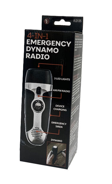 15-piece display of 5.5" 4-IN-1 Emergency Dynamo AM/FM Radios with Phone Charger and Lanyard