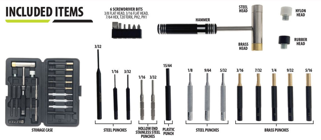 24-piece Gunsmithing Kit including 14 punches, a Dual Head Hammer with 2 extra heads, and 6 bits