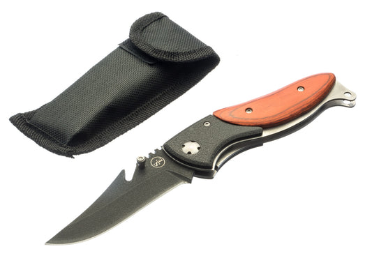 4.3/8?ǥ Wood Insert Pocket Knife with Gut Hook Blade, Nylon Pouch Included