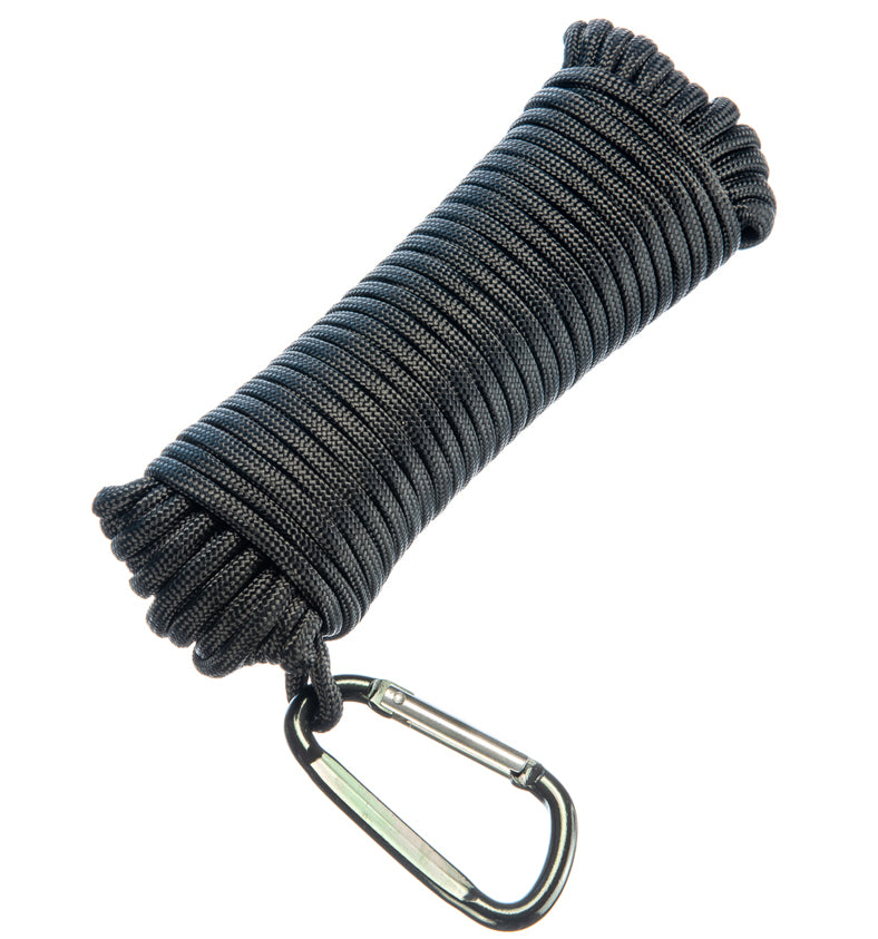 12-piece display of 50'x13/64"(5mm) 14 Strand Black Paracord with Carabiner, Pull Strength 1100 LBS