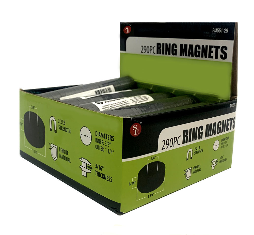 290-piece display of 1.1/4"/2.2LBS Ferrite Ring Magnets, Hole Size 3/8", Thickness 3/16"