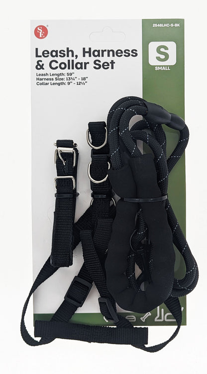 Conjunto de 3 correas, arnés y collar para perros pequeños de color negro